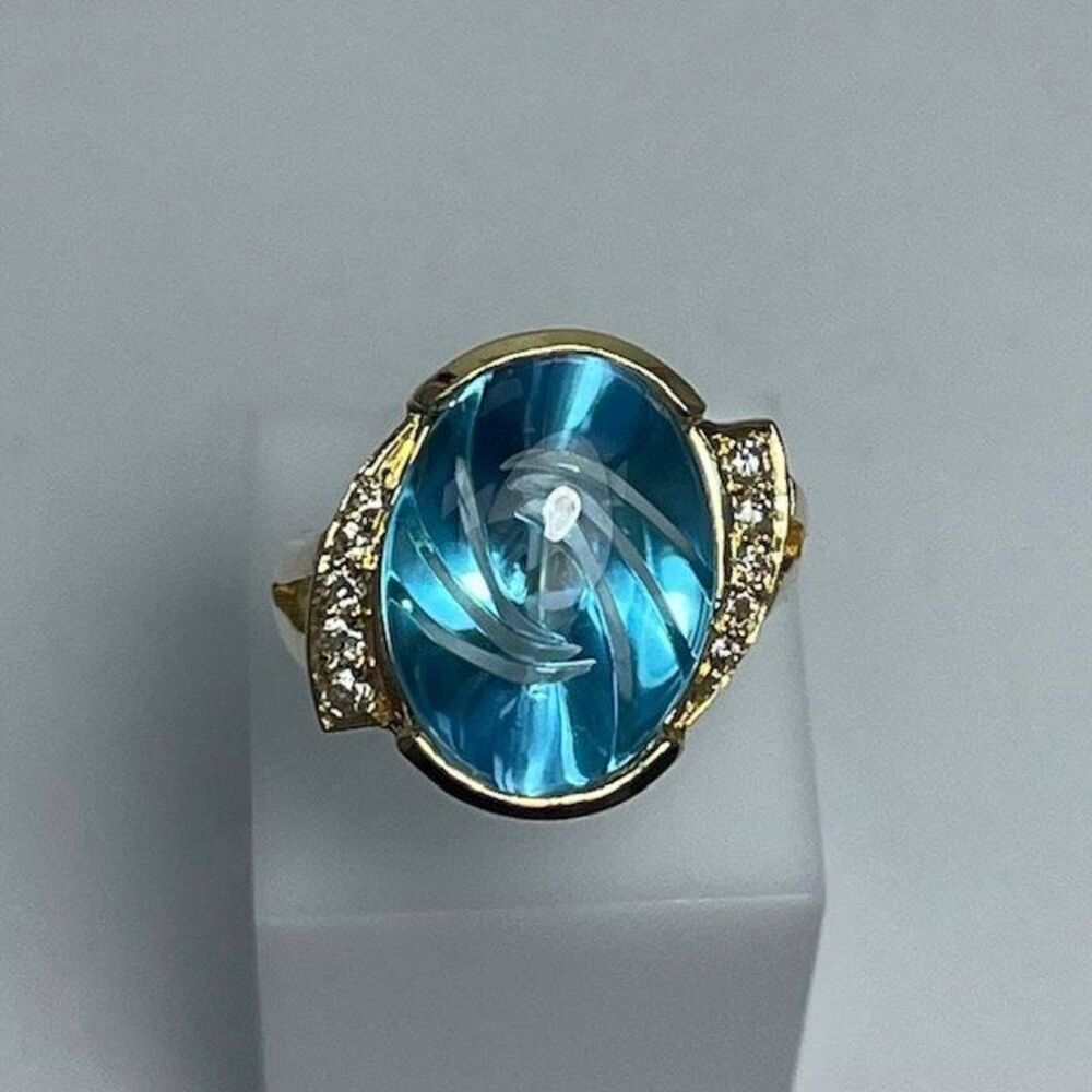 Blue Topaz & Diamond Ring, 14kt Yellow Gold, Oval Fantasy Cut